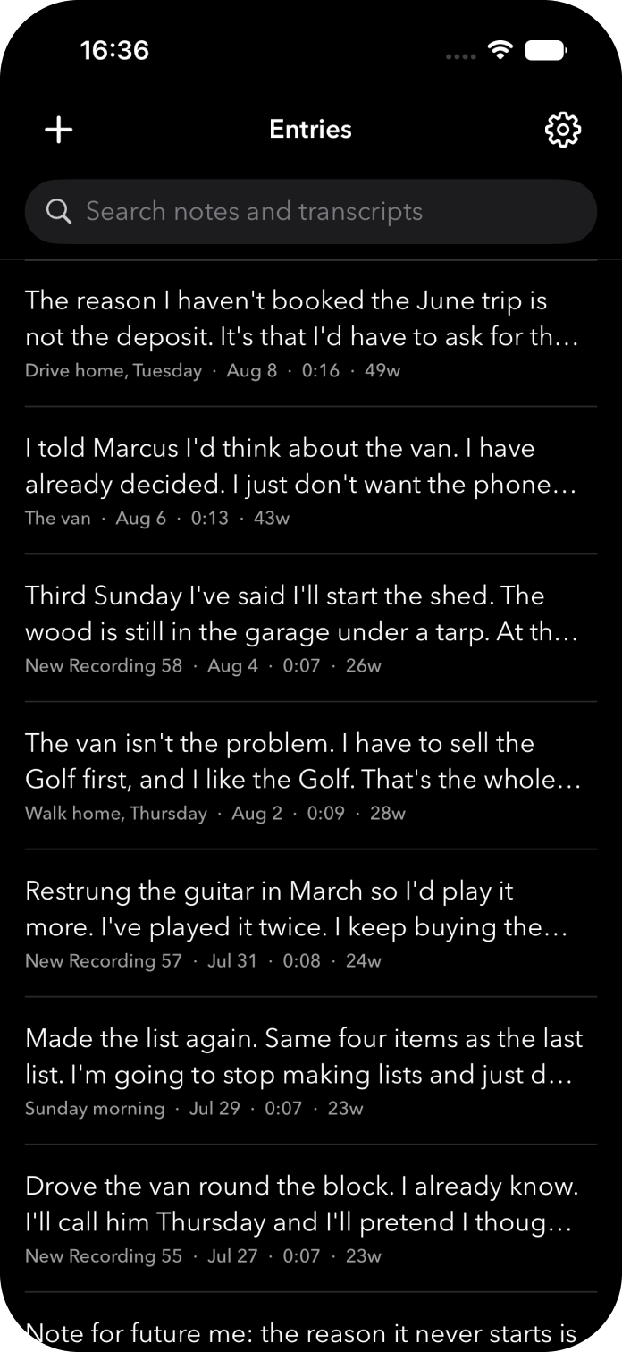 Tiro entries feed with transcribed voice memos