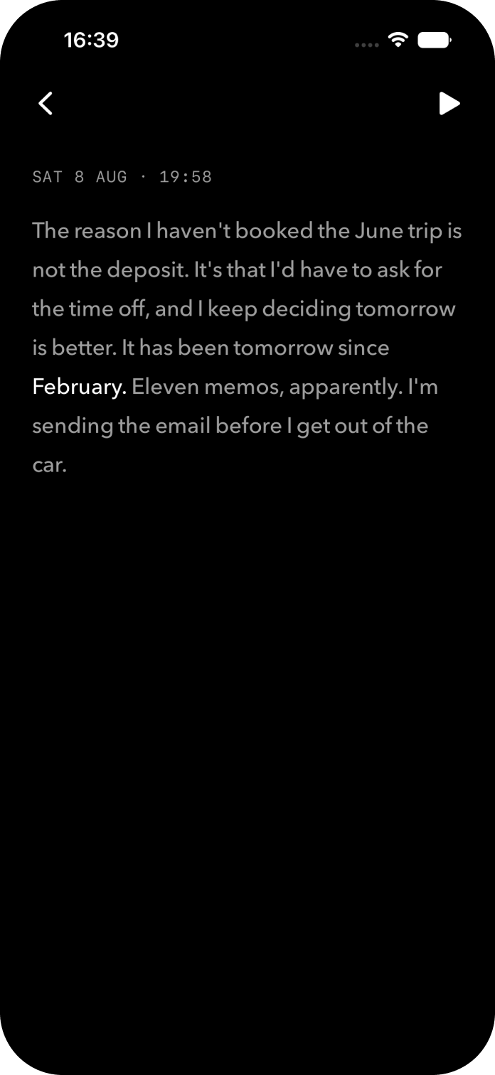 Tiro playback screen with a voice memo transcript